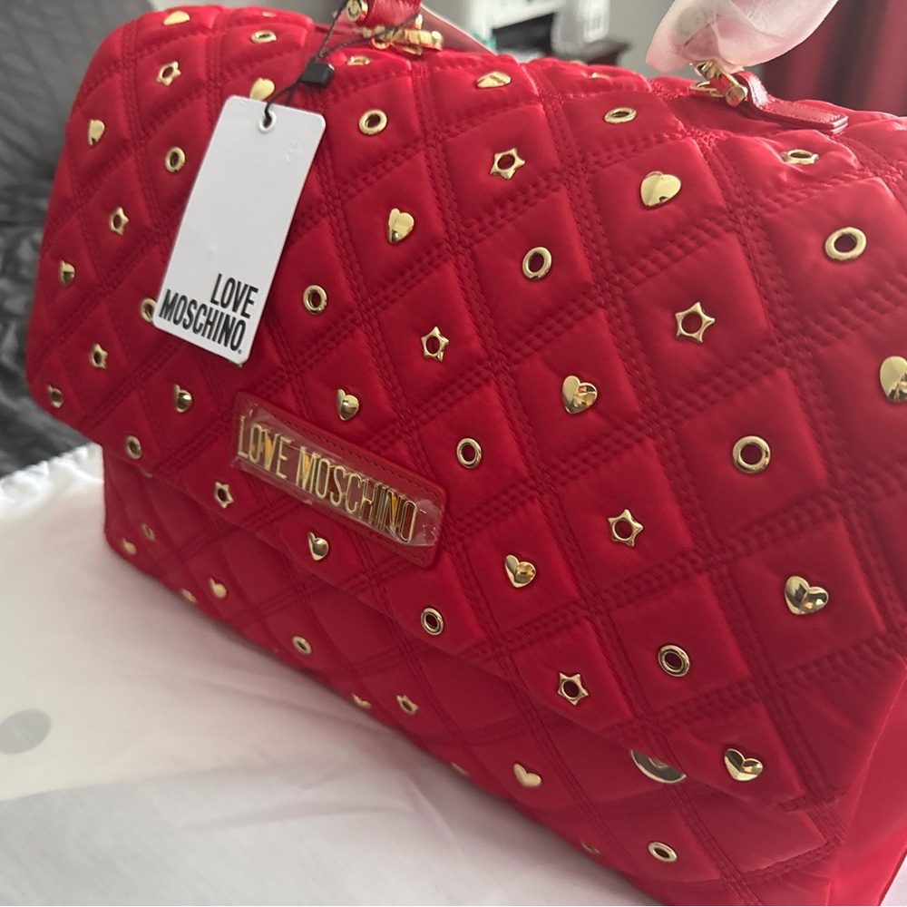 Love Moschino Quilted Red Shoulder Bag with Gold Accents